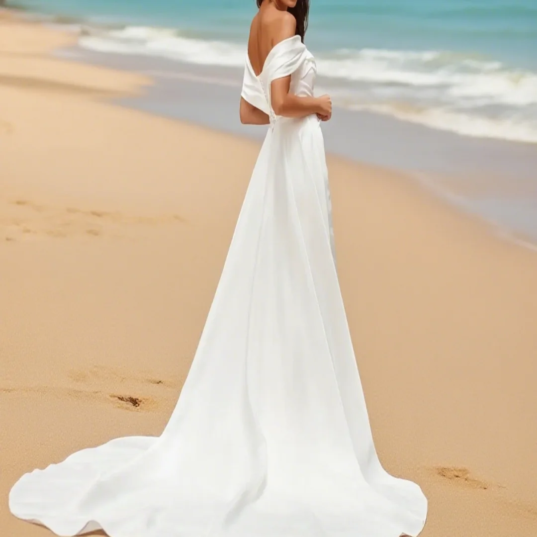 Customized elegant off-shoulder satin tight dress mermaid-style wedding dress with side slit formal bridal gown