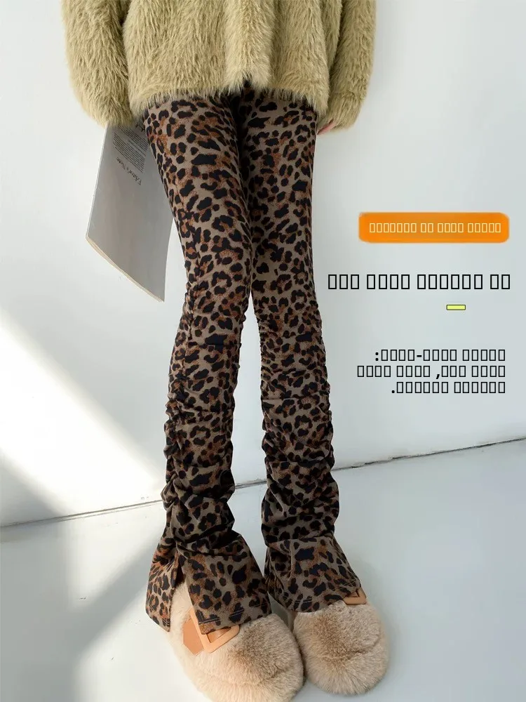 

Женские брюки для йоги с высокой талией и флисовой подкладкой, новинка 2025 года, американский уличный стиль, леопардовый принт, длинные брюки для модниц