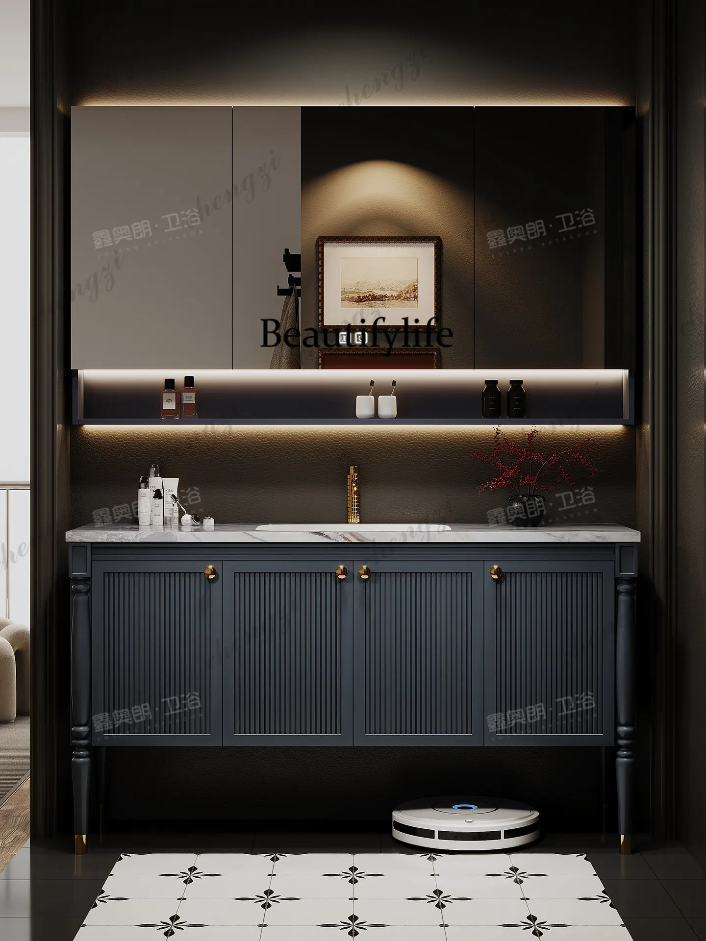 Haute couture French retro oak bathroom cabinet combination slate seamless ceramic basin washstand