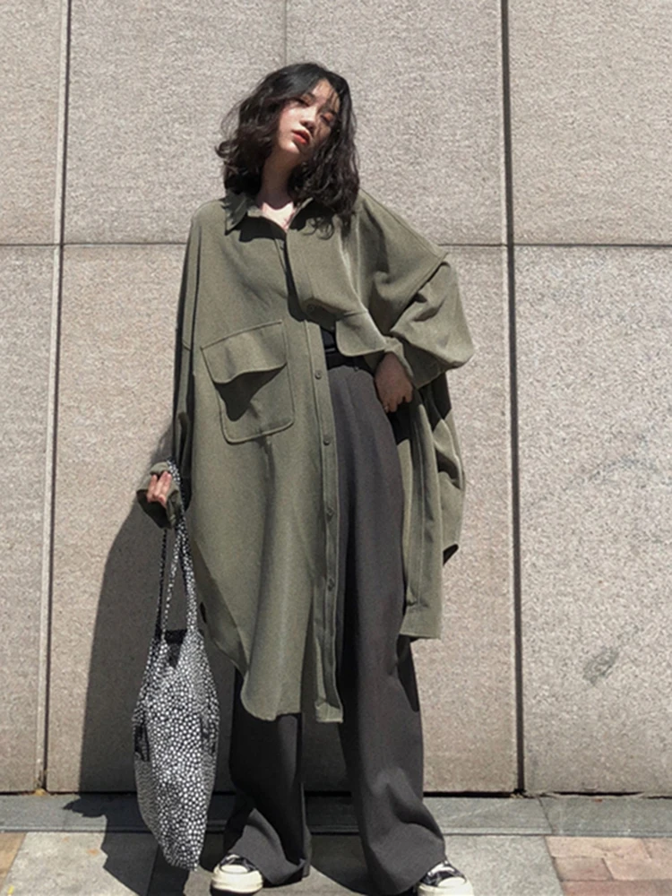 

Korean style Bat Sleeve Thin Long Sleeve Windbreaker Coat Women's Spring Autumn New Vintage Languid Style Midi Long Coat