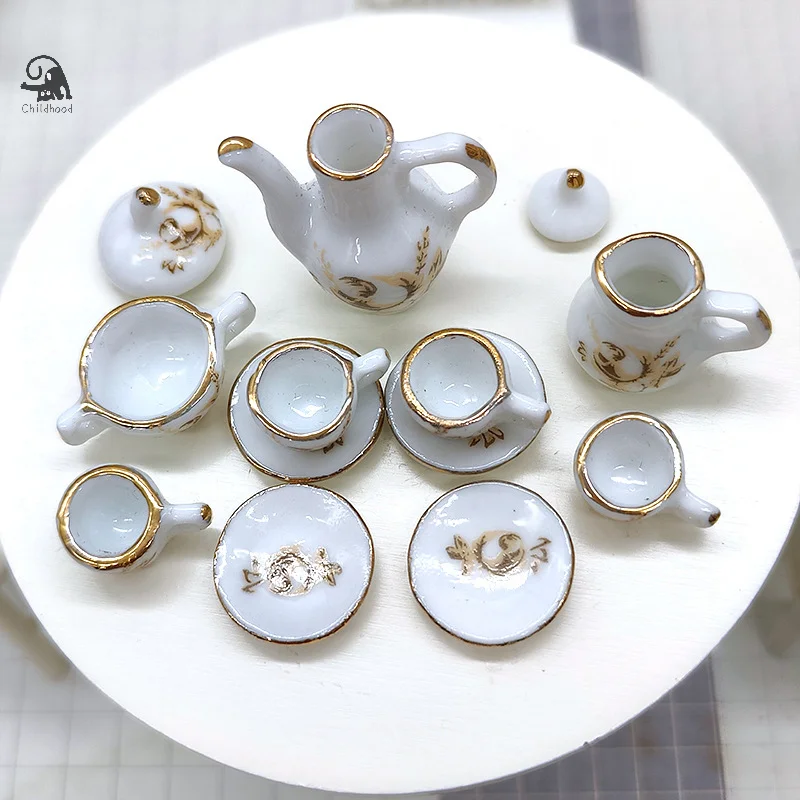 Dollhouse Miniature Ceramic Tea Set, Talheres Mini Tea Cup, Brown Rose Bule, Vidro De Vinho, Modelo Decoração Toy, 1:12, 11Pcs por conjunto