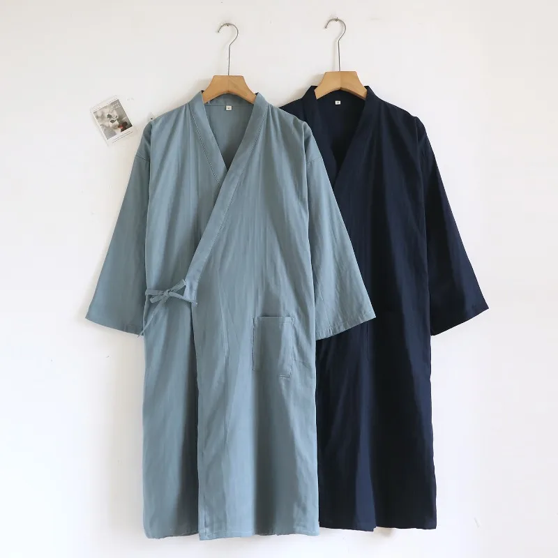 2026 New Men's Spring/Summer Sleeping Robe 100% Cotton Gauze Bathrobe Water Absorbing Quick Drying Thin Robe Sleepwear