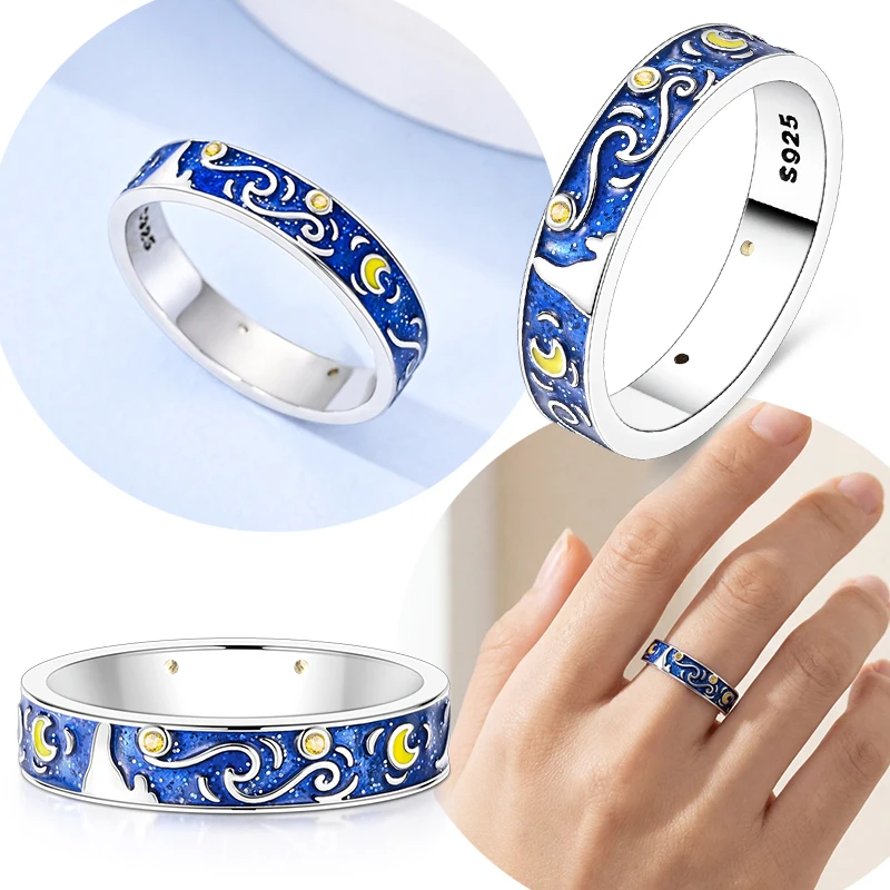 Original 925 Sterling Silver Blue Starry Sky Painting Luminous Ring For Women Men Jewelry Gift