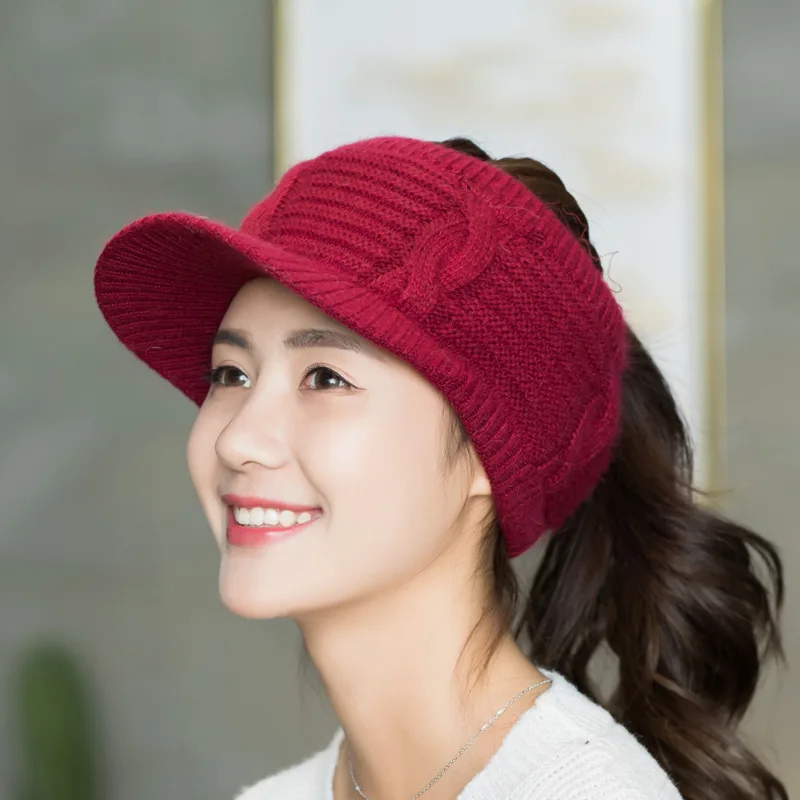Damen-Baseballmütze mit Pferdeschwanz-Strick, stilvoll, lässig, vielseitige Baseballmütze im koreanischen Stil für Herbst und Winter, verdickter leerer Zylinder