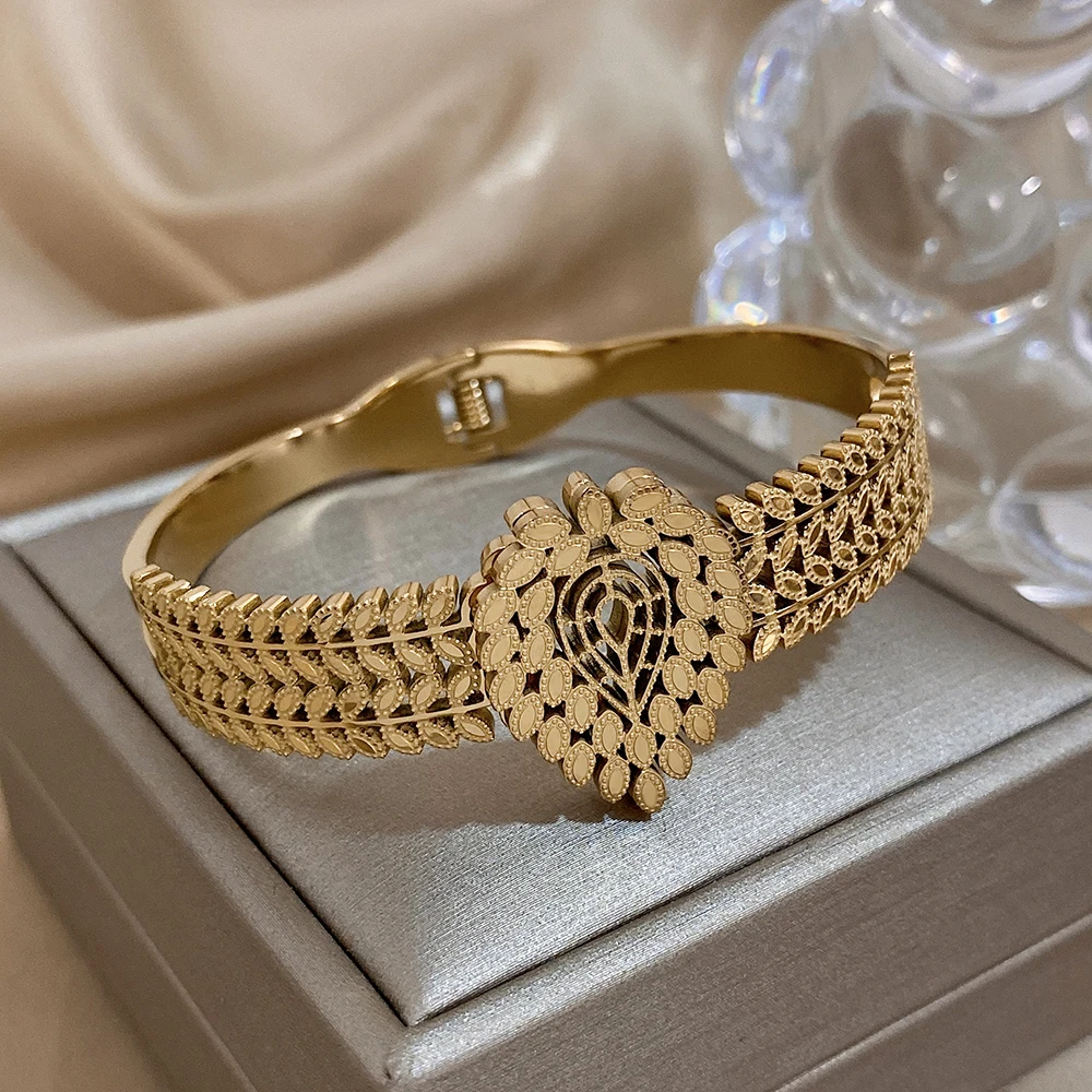 Fashion Stainless Steel Golden Cuff Bracelet for Women Exaggerated Leaves Waterdrop Chunky Bangles Bracelets Waterproof Jewelry