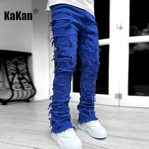 Imagen 2 del producto Kakan - Nuevos pantalones vaqueros con parches elásticos Streetwise de peso pesado europeo y americano para hombres, pantalones vaqueros largos de corte recto High Street16-3001