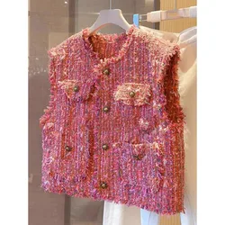 Pink small fragrance vest women's 2024 autumn and winter new design Joker fashion girl casual unique coat super nice top.