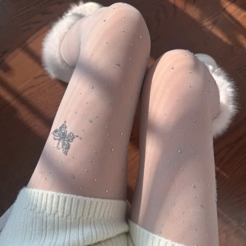 

Sweet Butterfly Diamond White Silk Socks Girl Anti Hook Silk Cut Pantyhose for Women Sexy Japanese Korean INS Pantyhose
