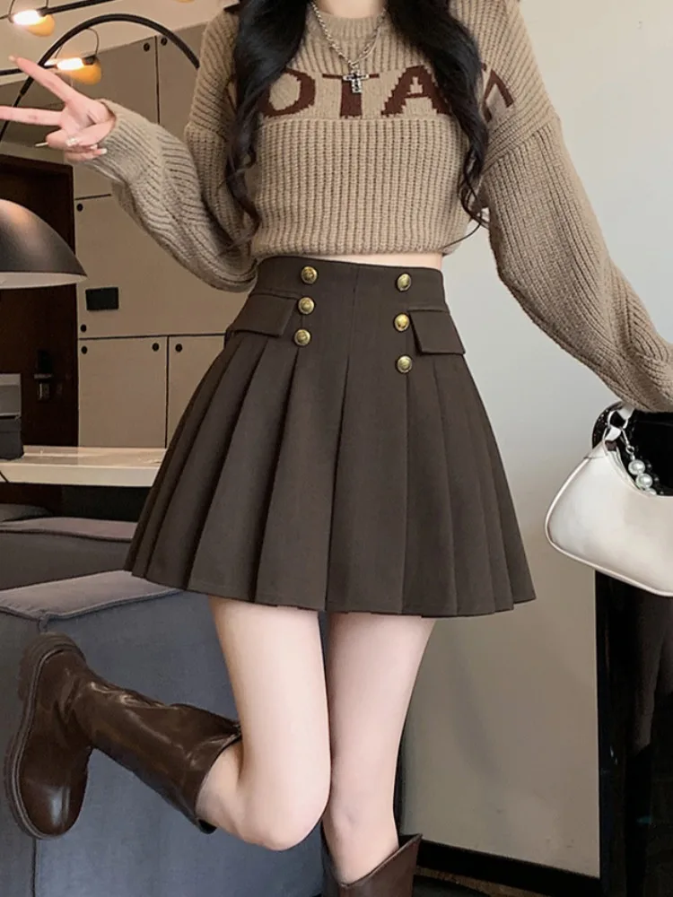 

Ретро-юбка А-силуэта из шерсти на пуговицах, женская, осенне-зимняя, с высокой талией, плиссированная, корейский стиль, для колледжа, Aosphe