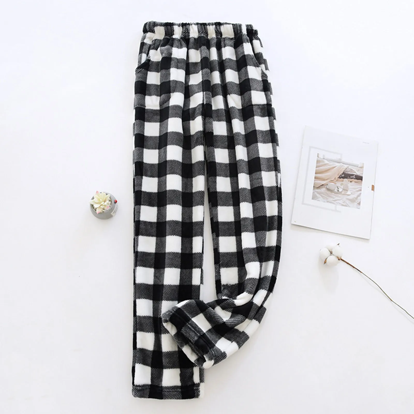 Comfortable Winter Thick Plaid Women\'s Flannel Pajama Pants High Waist Loose Casual Straight Big Size Fleece Warm Home Trousers