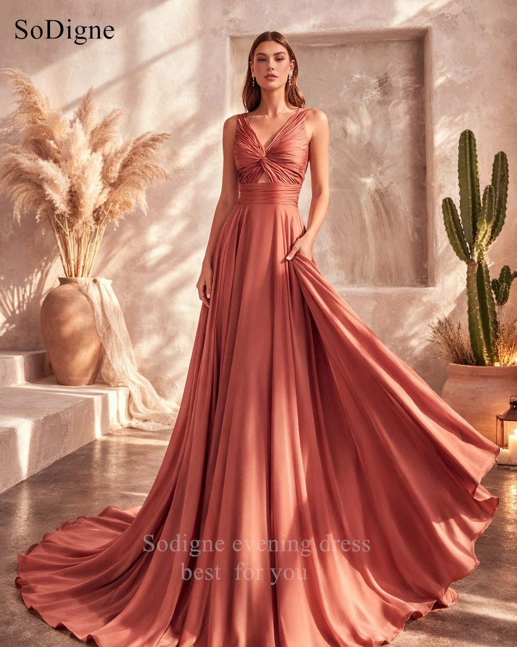 SoDigne Elegant Satin Evening Dresses Pleats V-Neck Sleeveless Party Dress Draped A-Line Prom Gowns Customized