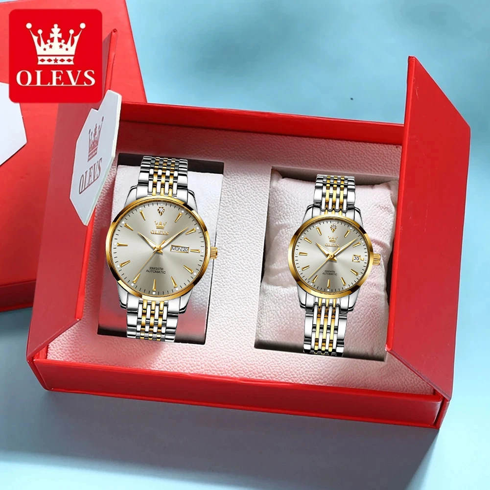 

OLEVS 6635 Luxury Couple Watch for Lovers Waterproof Calendar Automatic Mechanical Wristwatch Men Women Watch Valentine Gift Set