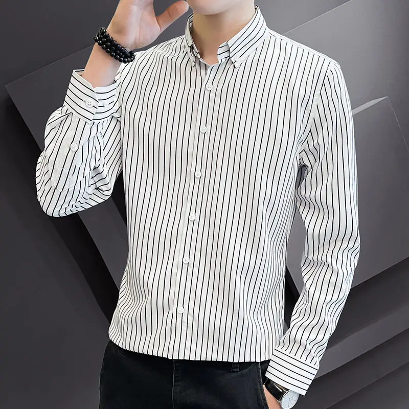 Spring Autumn New Fashion Turn-down Collar Long Sleeve Striped Blouse Men\'s Clothing Casual Korean All-match Youth Loose Shirts