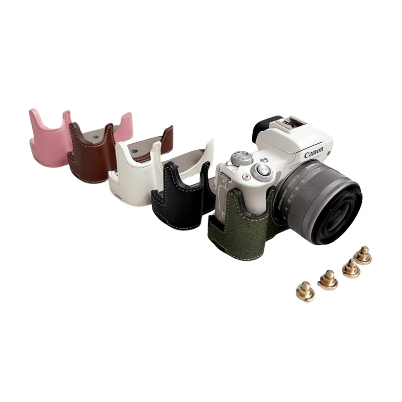 M50 PU Leather Case Camera Bag Half Body Buffalo Pattern Base for Canon EOS M50 Mark II M50II Protective Opening Bottom Cover