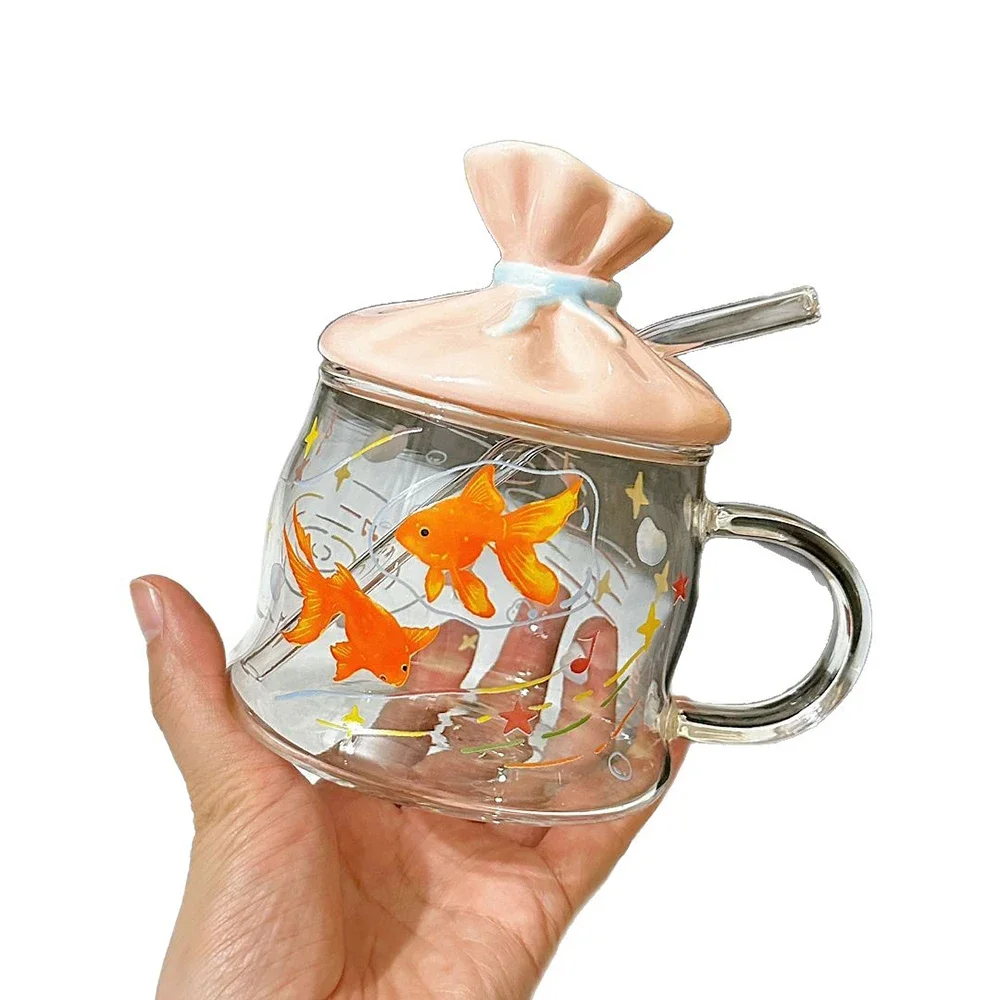 Cute Cartoon Handgrip Glass Cup Korean Style Ins Transparent 500ML Delicate Office Homehold Drinkware Juice Glass Birthday Gifts