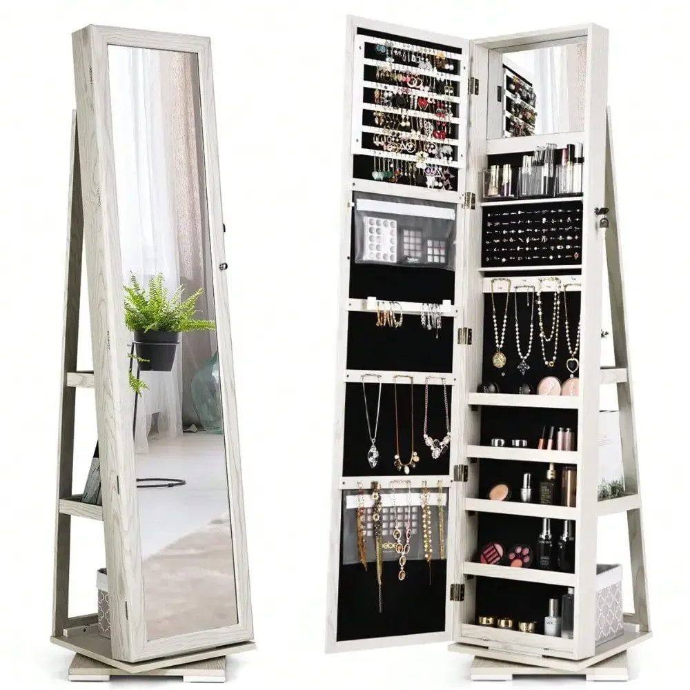 

360° Rotatable Jewelry Cabinet Armoire 2-in-1 Lockable Mirrored White