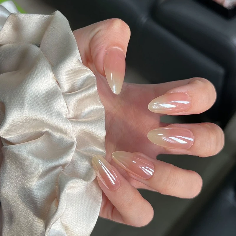 Metallic Cat Eye Franse pure manicure tip kunst getextureerde 3D acryl kunstnagels naakt roze amandel medium druk op nepnagels