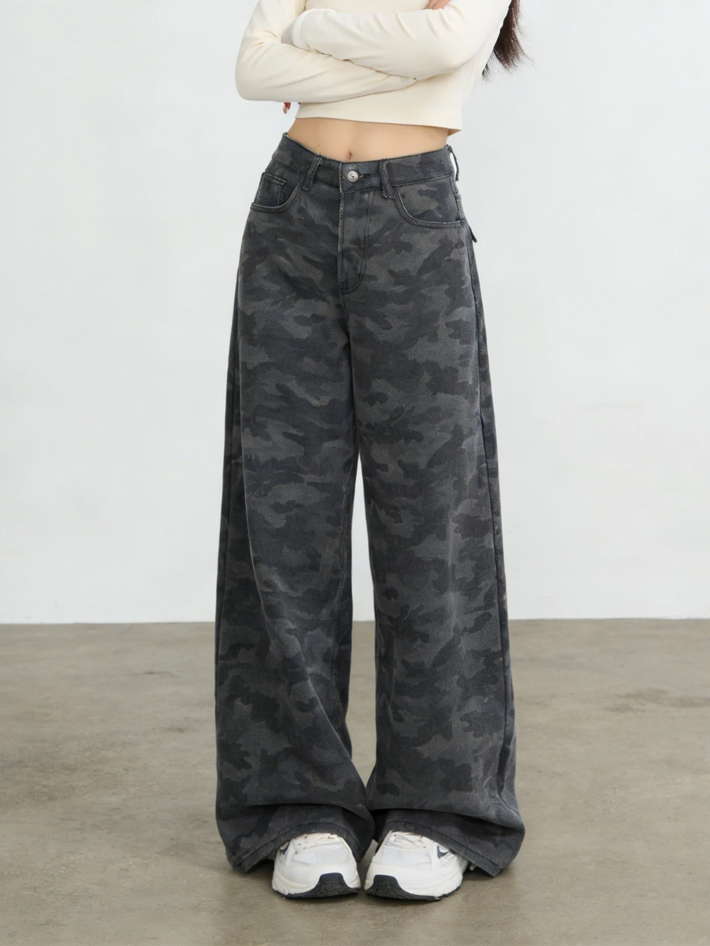Spring 2026 High Waist Wide Leg American Style Camouflage Denim Pants plus Size Women Loose Slimming Floor Length Trousers