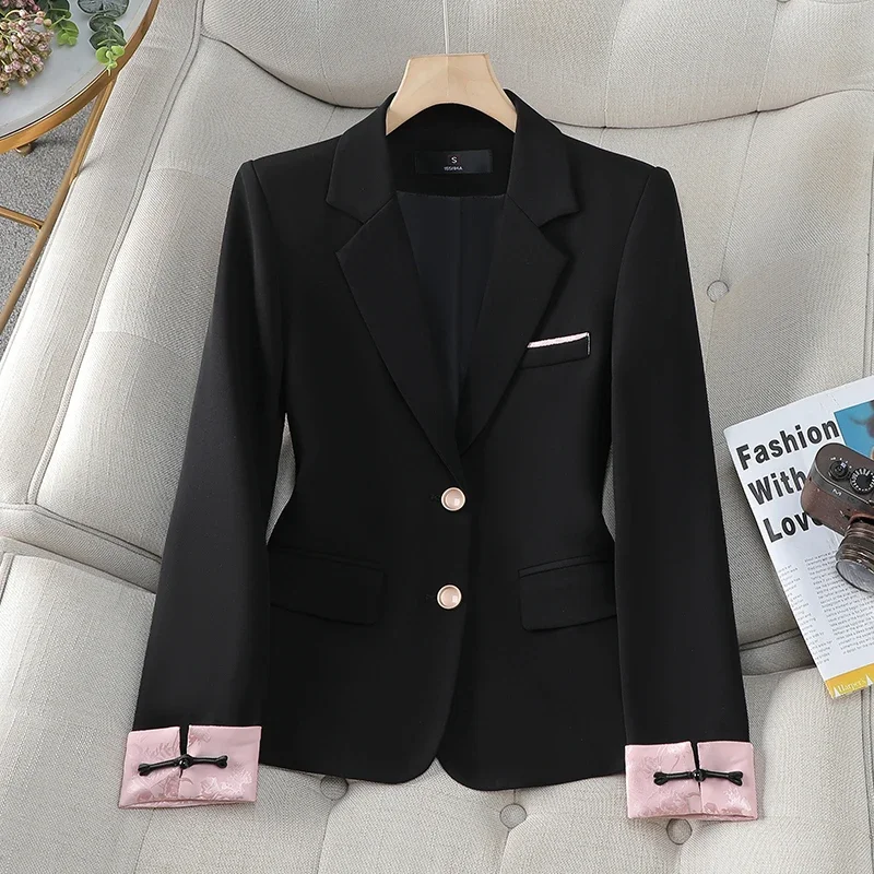 New Chinese Style National Two Button Women's Suit Jacket 2024 Spring and Autumn Pink Elegant Slim-fit Blazer Trendy Suit Top