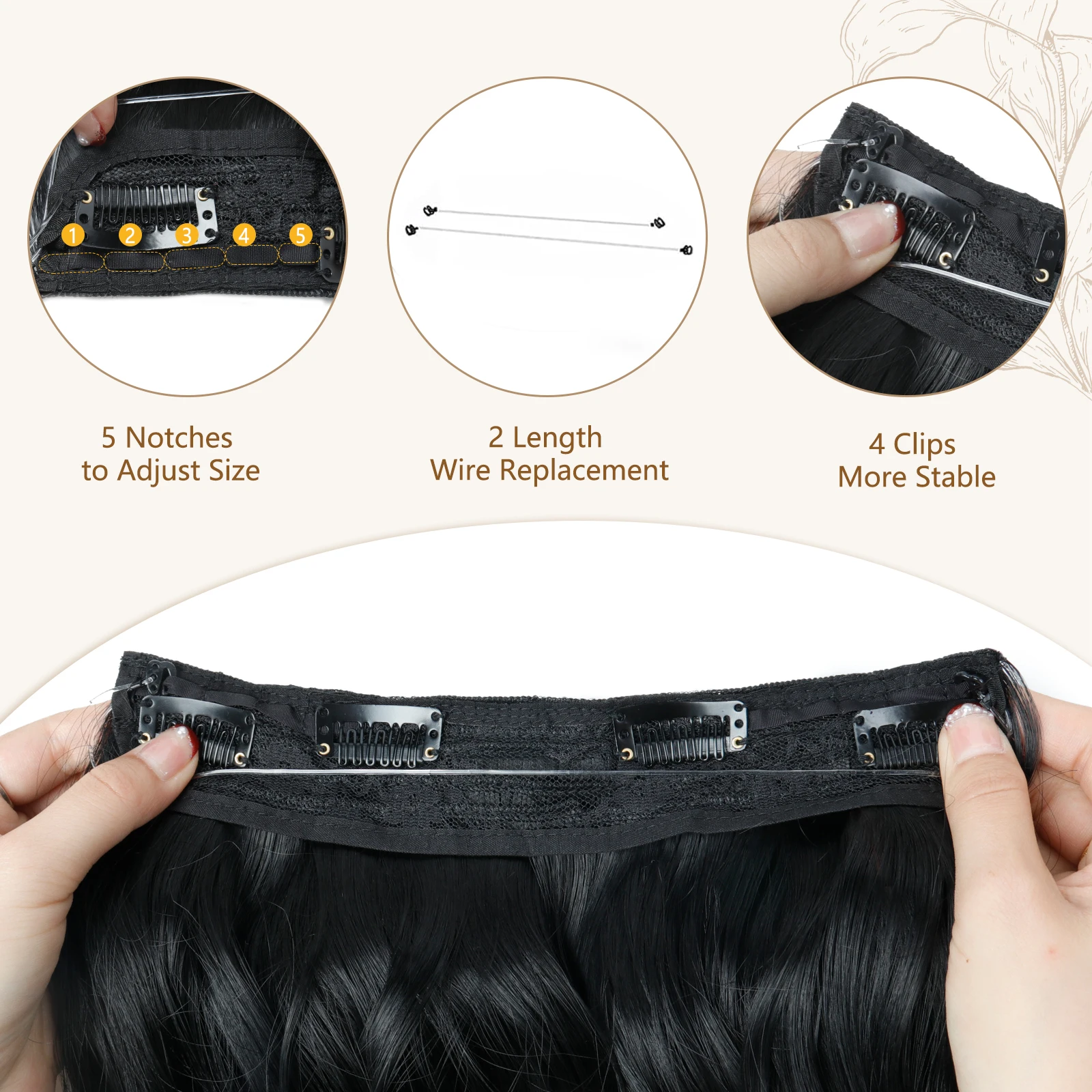 Black Star 20inch Invisible Wire Hair Extensions with Transparent Wire Adjustable Size 4 Secure Clips Long Wavy Secret Hairpiece