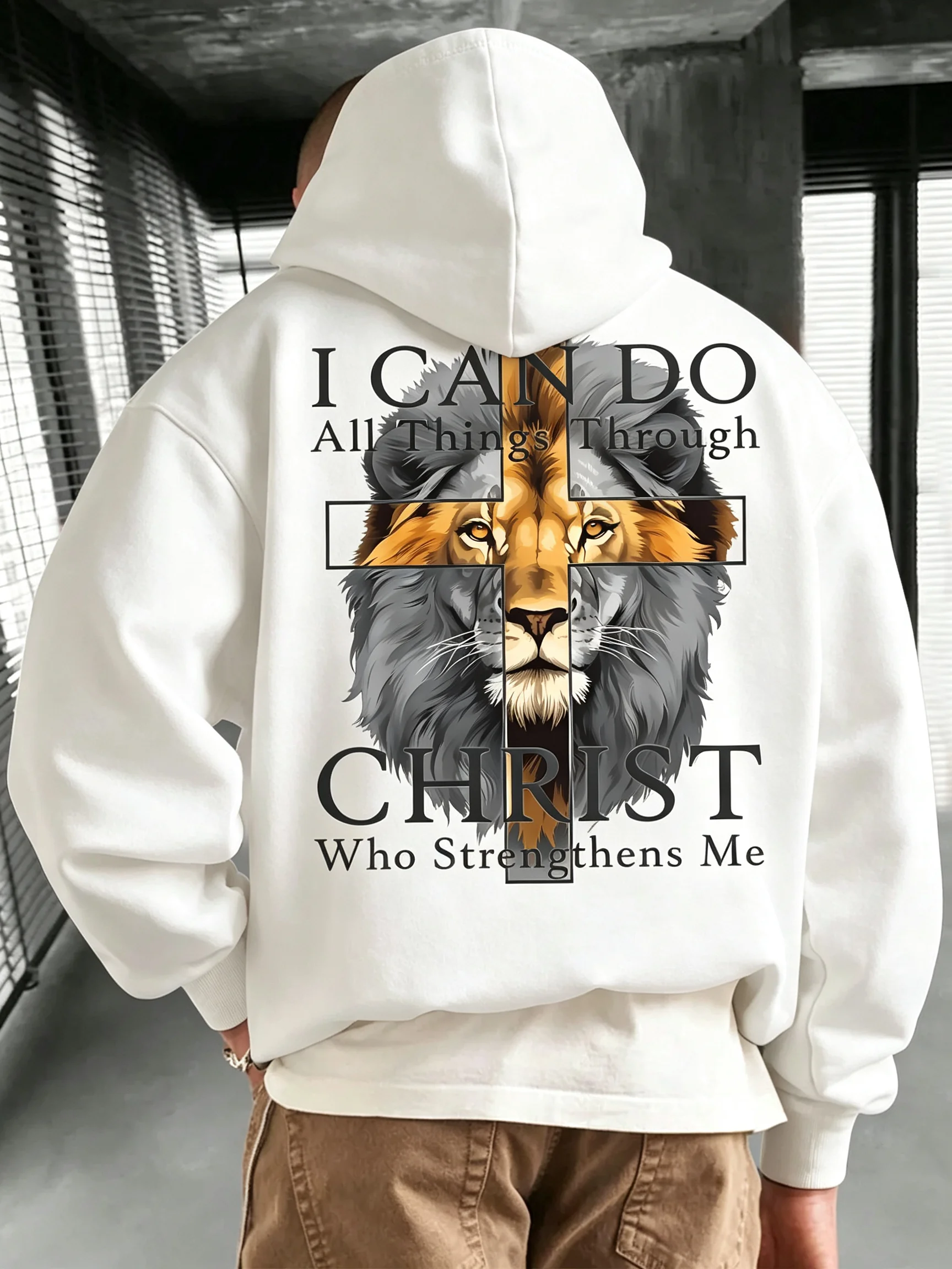 I Can Do All Things Through Christ Lion Christian Print Hoodie Men's Women's Black Oversized Streetwear Long Sleeve Casual Top