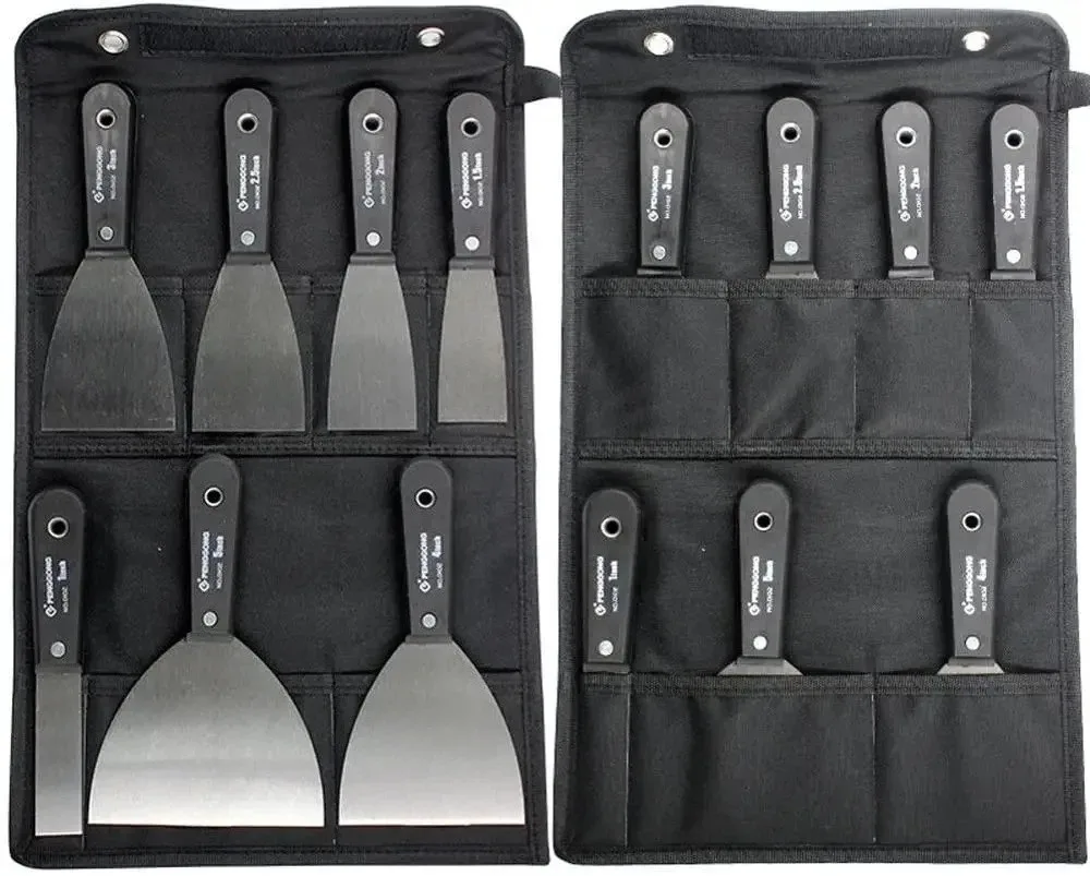 7 Piece Carbon Steel Putty Knife Set Soft Grip Flexible Paint Scraper Drywall Hand Tools With Canvas Storage Bag
