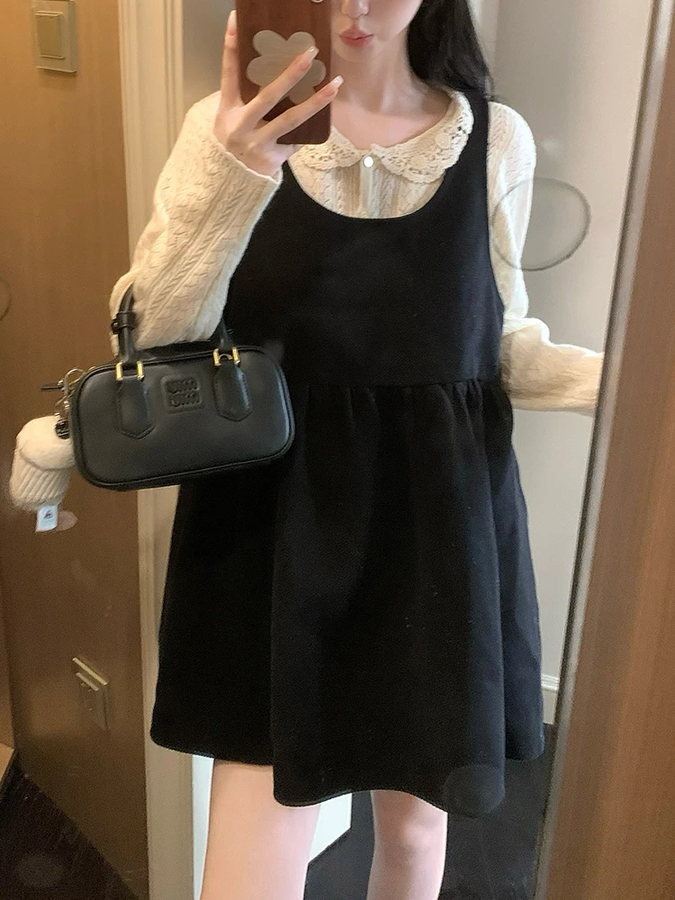 여성용 블라 울 니트 스웨터와 러플 칼라 스커트 세트, 겨울 패션 이너웨어 앙상블