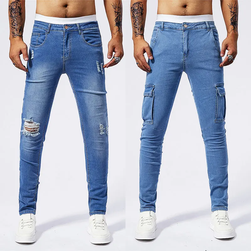 New Jeans Men's Side Pockets Small Feet Skinny Jeans Casual Overalls