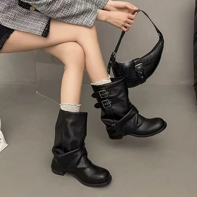 Women Black Slouchy Mid Calf Boots Double Buckle Decor Low Block Heel Zipper Closure Retro Pleated Ladies Daily Casual Footwear - view 3