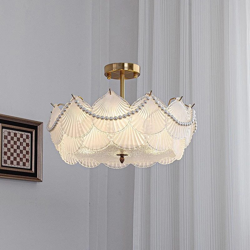 الفرنسية قذيفة الزجاج LED أضواء السقف غرفة المعيشة مطعم فندق غرفة نوم الأبيض اللؤلؤ زخرفة جو مصابيح معلقة تركيبات