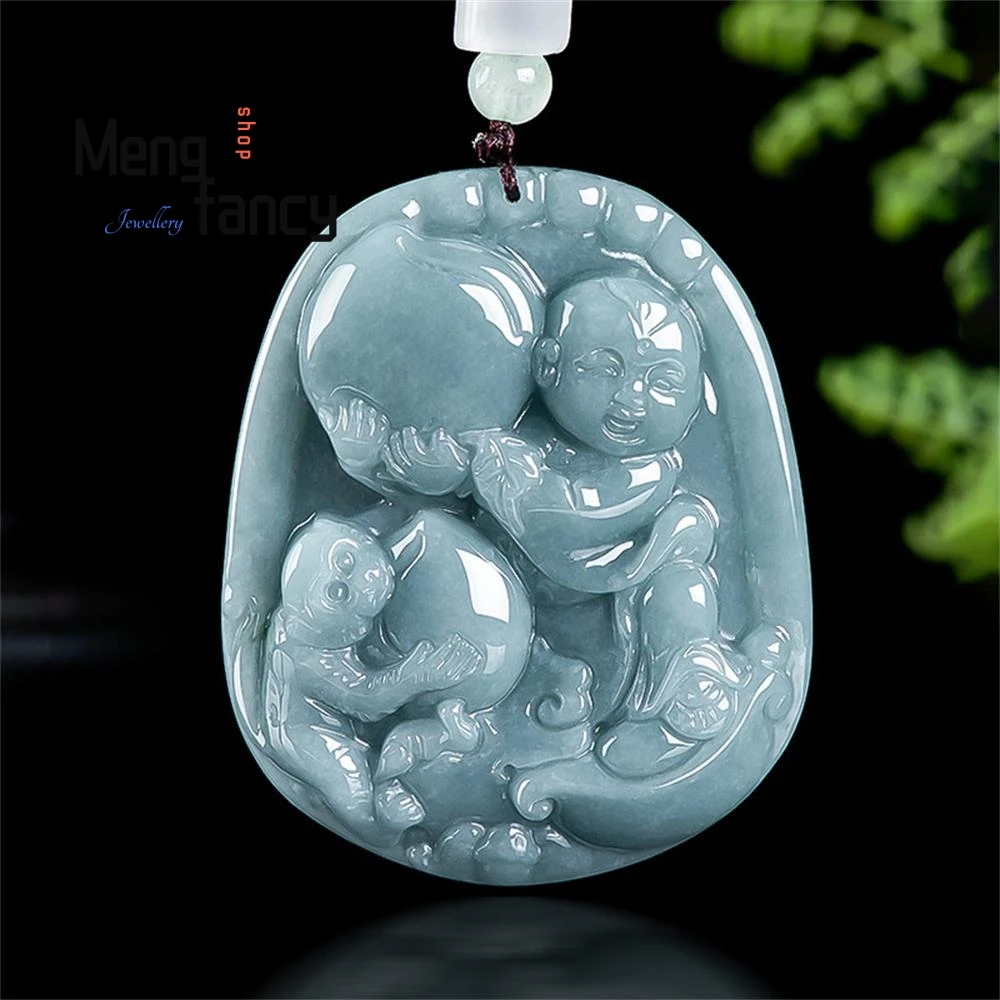 

Natural A-goods Jadeite Blue Water Children Offer Spirit Monkey Longevity Pendant Glutinous Seed Jade Stone Lovely Fine Jewelry