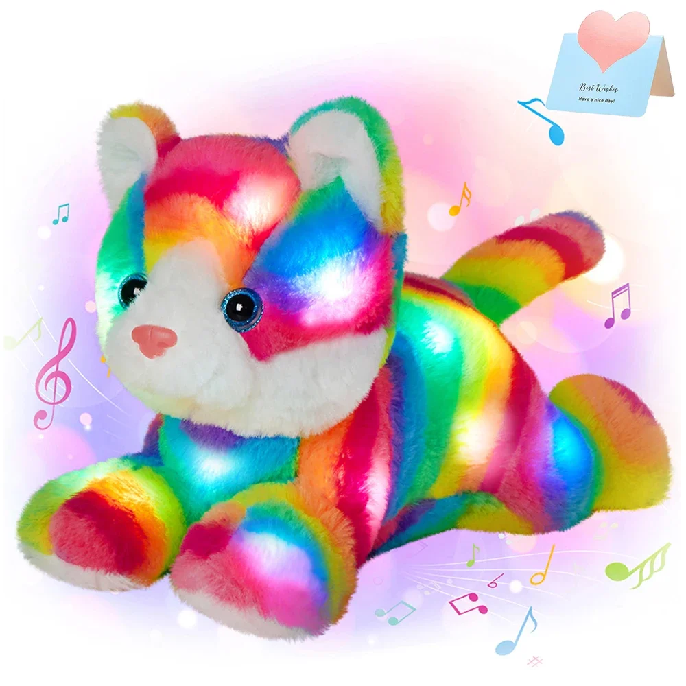 33cm Rainbow Cat Plush Toys with LED Light Luminous Musical Stuffed Animals Doll Toys Kitten Plush Pillow Gifts for Girls