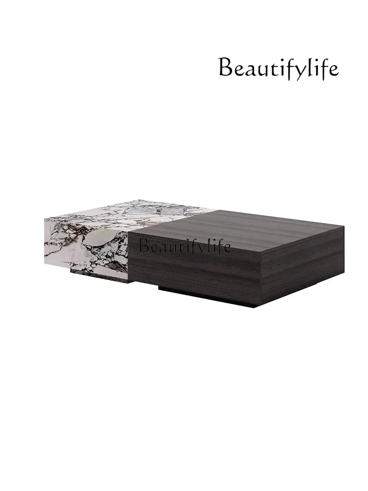 

Italian Minimalist Natural Marble Tea Table Small Apartment Solid Wood Living Room with Storage Stone Plate Tea Table