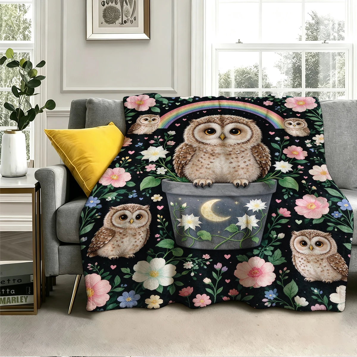 Owl Crescent Pot Rainbow Flannel Blanket Warm Soft Halloween Christmas Decorative Couch Warm Cozy All-Season Gift