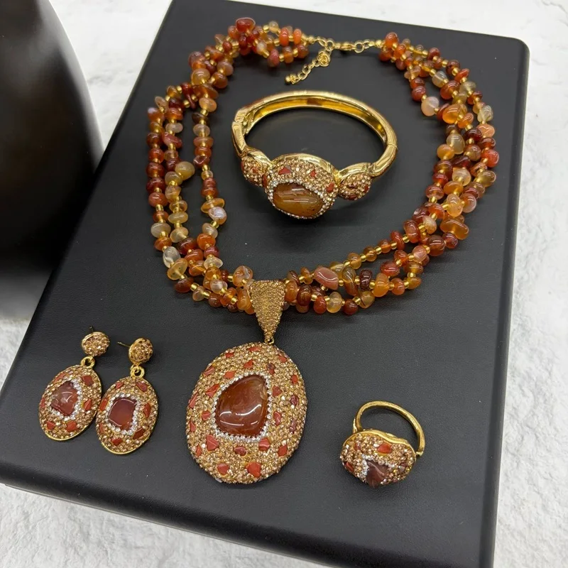 Vintage 4pcs Necklace Earring Ring Bracelet Crystal Stone Jewelry Sets for Women Natural Amethyst Tigers Eye Statement Jewelrys