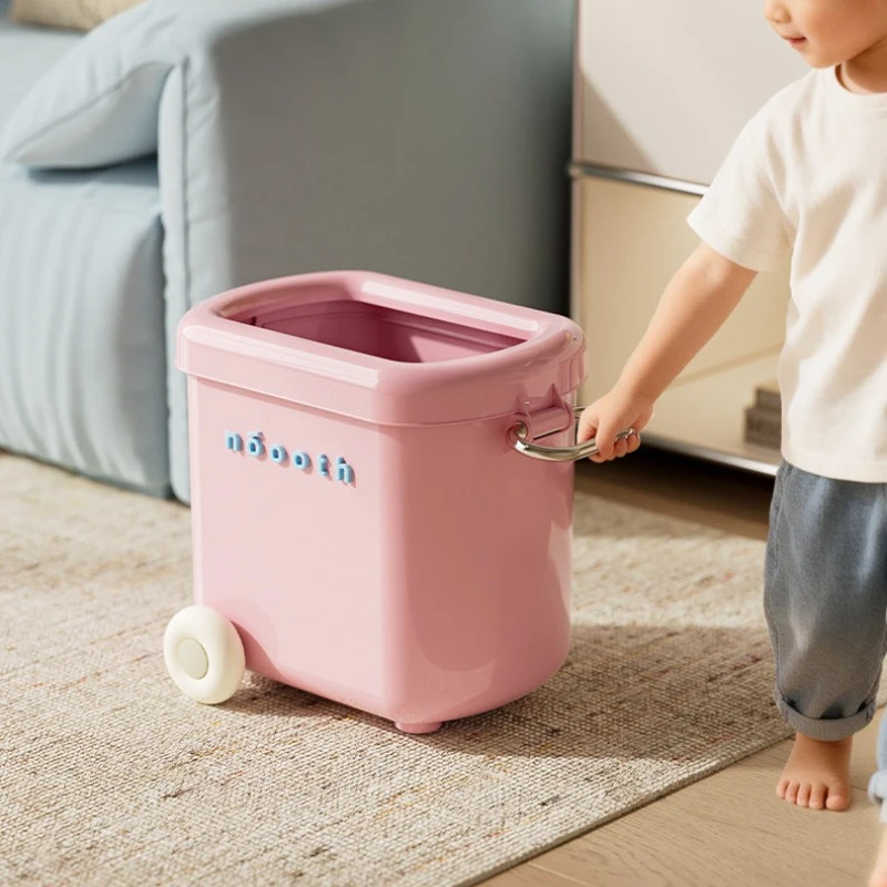 Cream Plastic Rolling Trash Can with Handle Kids Toy Storage Bin Movable Large Mouth Waste Basket for Room Nursery Playroom