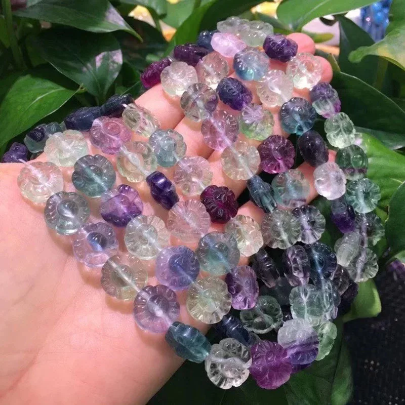 

12MM Natural Hand Carved Flower Shape Natural Colourful Fluorite Crystal Round Coin Space Beads Diy Bracelet Necklace Accessory