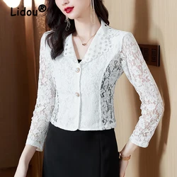 New Elegant Chic Sexy Sheer Lace Hollow Black White blazer giacche per le donne Fashion Slim manica lunga Office Ladies Suits cappotti