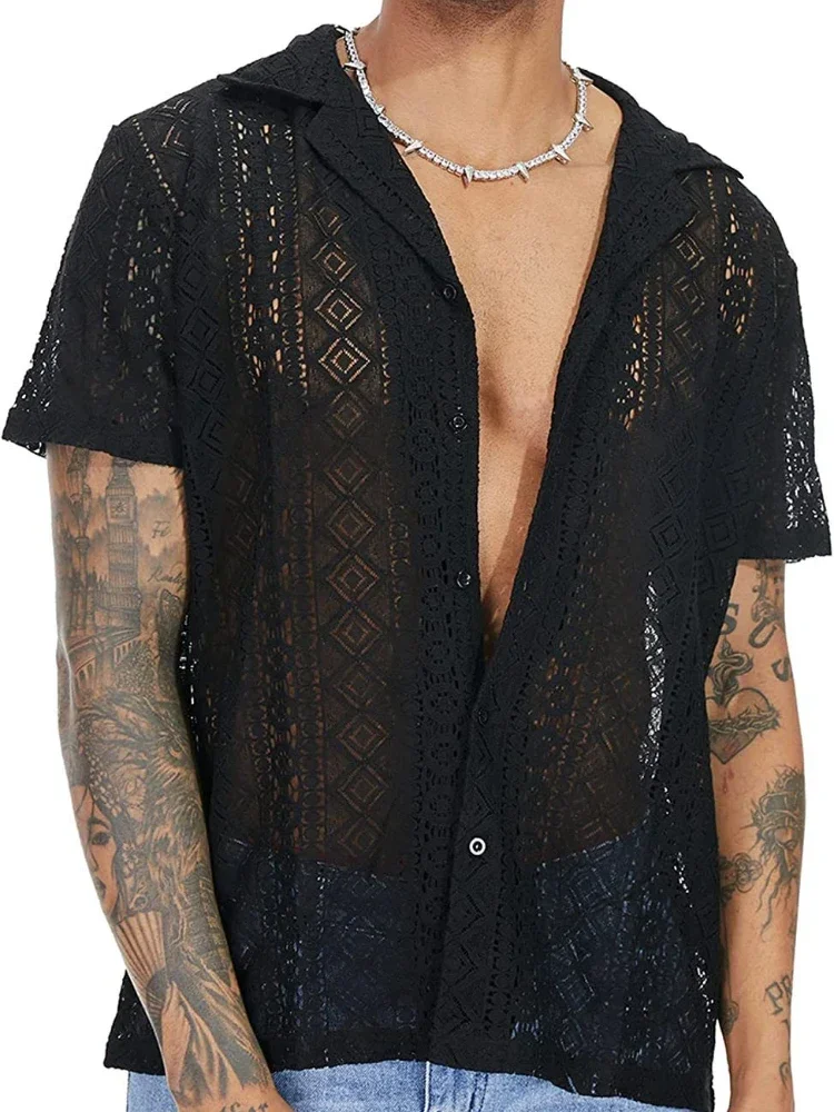 

Men's Casual Short-sleeved Lace Lapel Buttons Hollow European and American Fashion Cool See-through Shirt Blouse Men Clothing