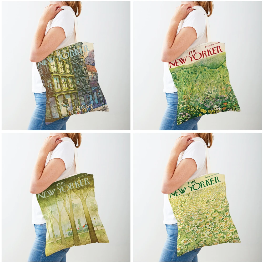 New Yorker City Magazine Women Shopping Bags Double Print Casual Shopper Bag Vintage Lady Canvas Tote Leaf Flower Handbag