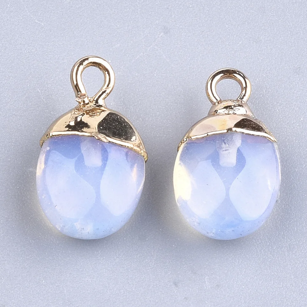 2Pcs Oval Electroplate Opalite Charms Opalite Charms 14x8x5mmmm Faceted Oval Golden Pendants with Iron Findings 1.8mm Hole Ideal