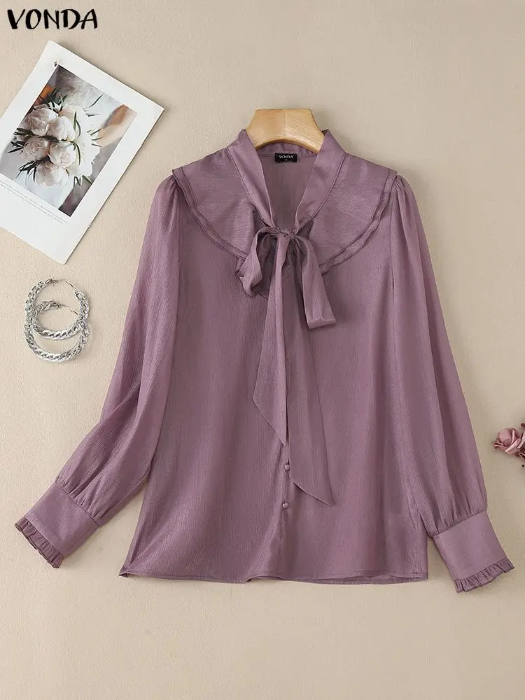 فوندا بلوزة أنيقة الصلبة المرأة طويلة الأكمام ضمادة القوس طوق مكتب موضة قميص للسيدات تكدرت الشارع الشهير Blusas الإناث #4