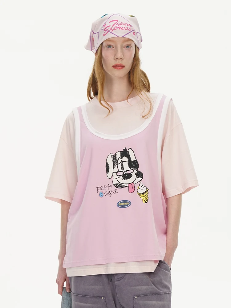 TIPSEVEN Summer Fast Food Series Printed Vest T-Shirt Two-Piece Set Casual Loose Fit Cotton Short Sleeve City Walk Wear