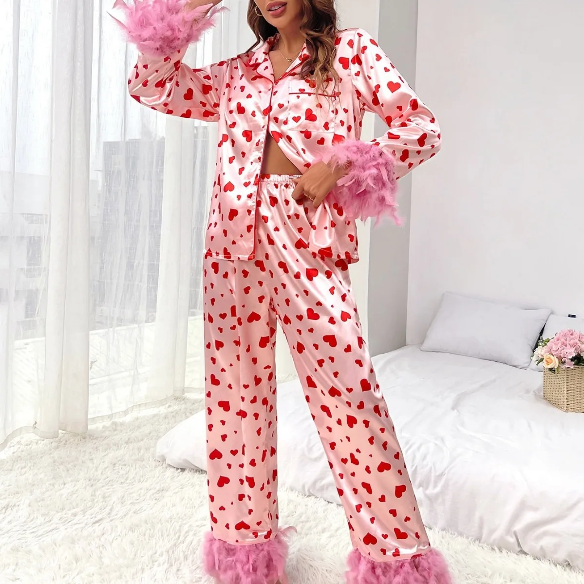 Women Pink Clothes Set Home Wear Pajama Long Sleeve Feather Shirt Red Heart Printed & Pants