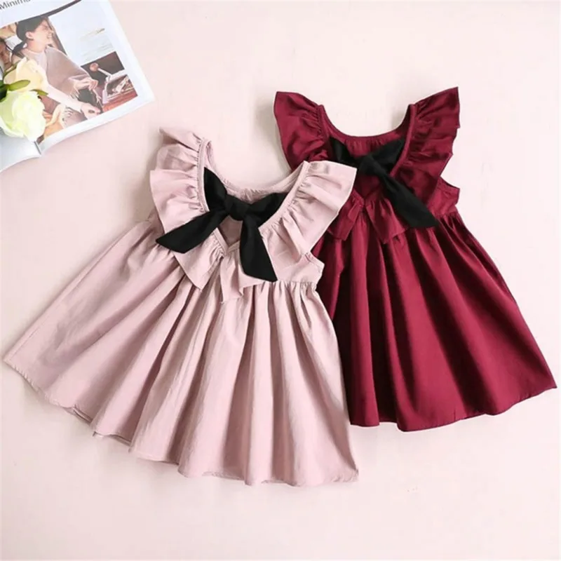 Children\'s Summer Children\'s Wear Girls Sleeveless Pleated Backless Bow Dress Cotton Baby Korean Dress Baby Girls Backless Dress