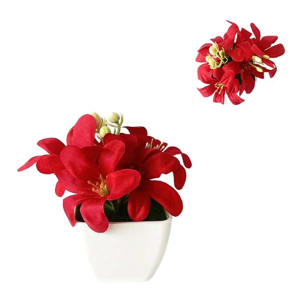 Miniature Artificial Lily Potted Plant 4.3 Inches Tall for Home Office Desk Shelf Decor White Pink Red Blue Orange Purple