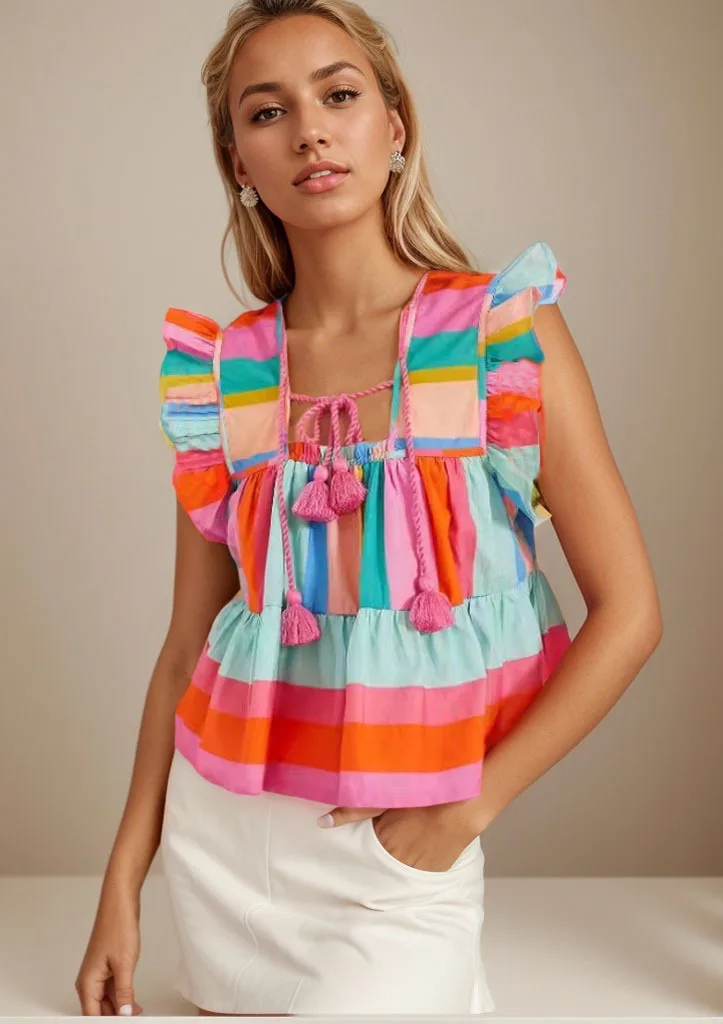 Color Blocking Loose Top with Cute Fly Sleeve Tie Up Design New Fashion for Summer 2024