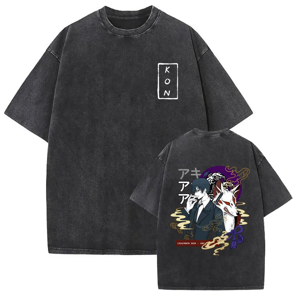 Anime Chainsaw Man Washed Vintage T-shirt Hayakawa Aki Summon Kon Fox Devil Graphic T Shirts Men Women Manga Oversized T-shirts