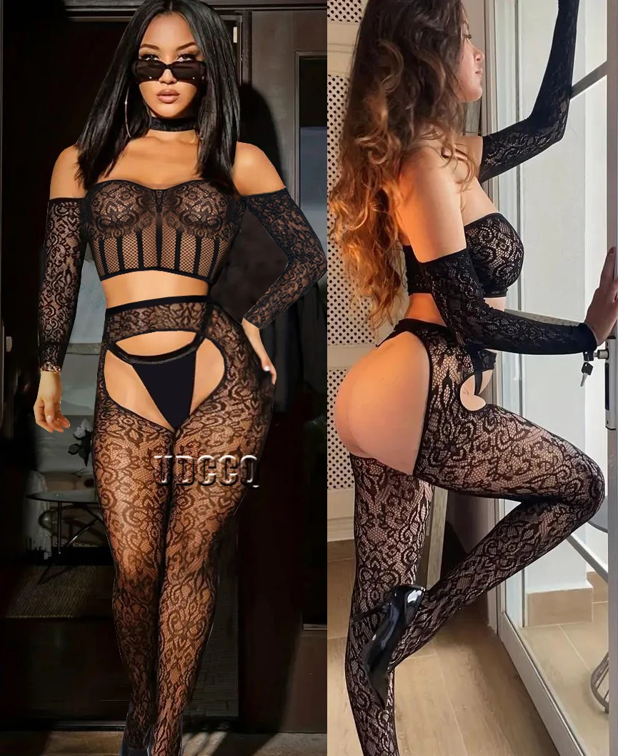 Body Sexy de ganchillo para mujer, lencería de rejilla, picardías, ropa interior erótica de talla grande