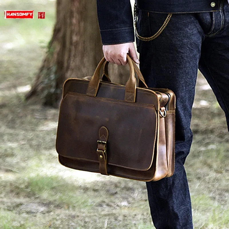 Genuine Leather Men Handbags Man Laptop Bag Business Travel Cross Section Briefcase Real Cowhide Retro Shoulder Messenger Bags